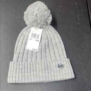 Michael Kors Light Gray Ribbed Beanie with Pom-Pom